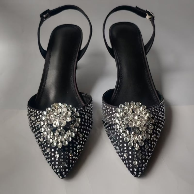 Pantofi dama cu cristale, cataramă, vârf ascuțit, toc tip pană 3–6 cm, partea superioară din piele naturală + plasă