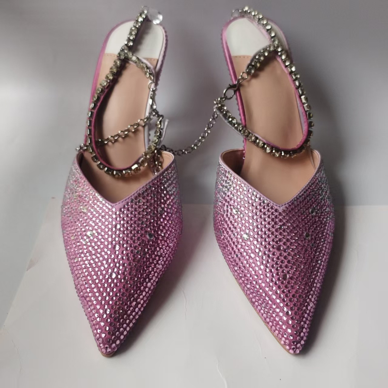 Pantofi dama cu cristale, cataramă, vârf ascuțit, toc tip pană 3–6 cm, partea superioară din piele naturală + plasă