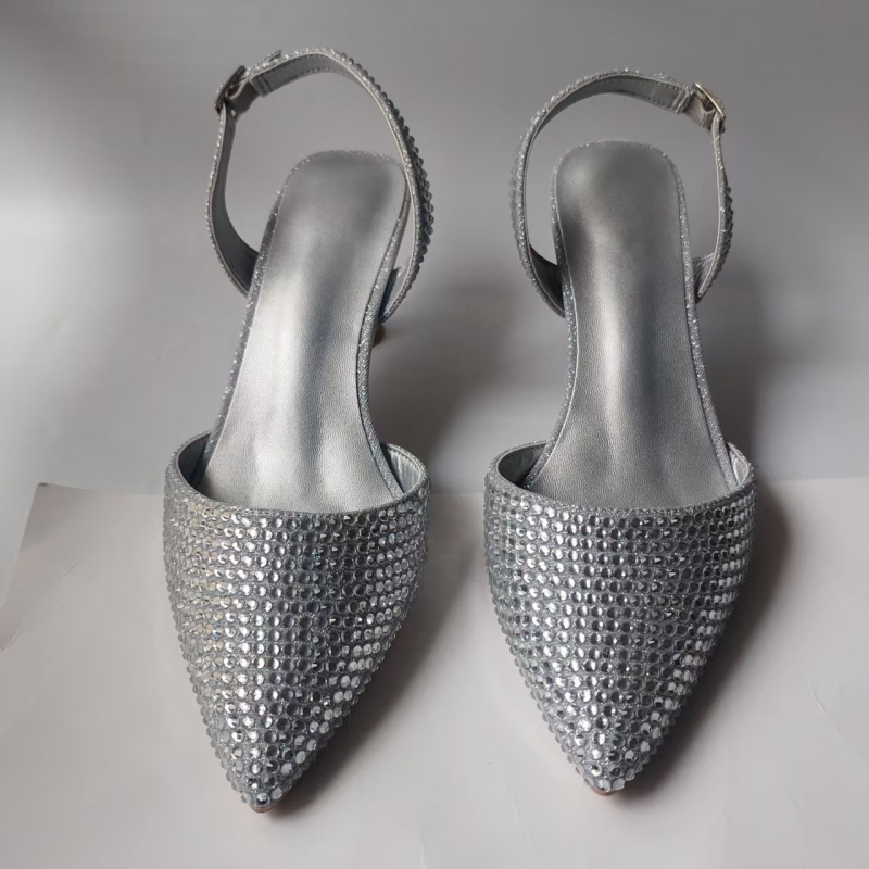 Pantofi dama cu cristale, cataramă, vârf ascuțit, toc tip pană 3–6 cm, partea superioară din piele naturală + plasă