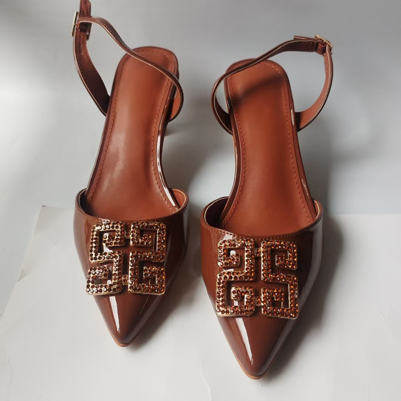 Pantofi dama cu cristale, cataramă, vârf ascuțit, toc tip pană 3–6 cm, partea superioară din piele naturală + plasă