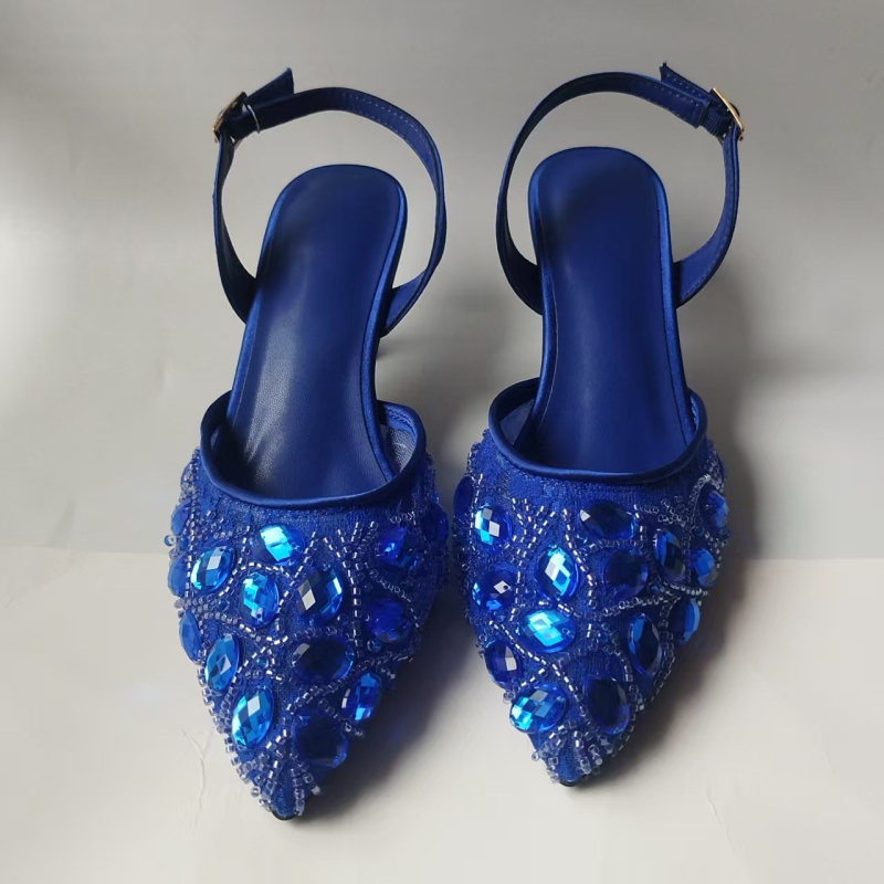 Pantofi dama cu cristale, cataramă, vârf ascuțit, toc tip pană 3–6 cm, partea superioară din piele naturală + plasă