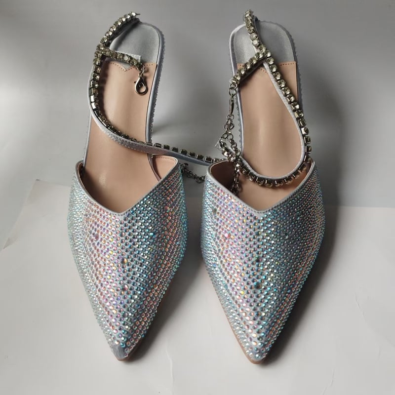 Pantofi dama cu cristale, cataramă, vârf ascuțit, toc tip pană 3–6 cm, partea superioară din piele naturală + plasă