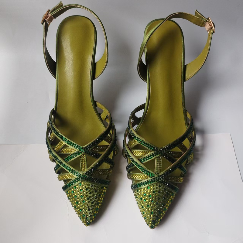 Pantofi dama cu cristale, cataramă, vârf ascuțit, toc tip pană 3–6 cm, partea superioară din piele naturală + plasă