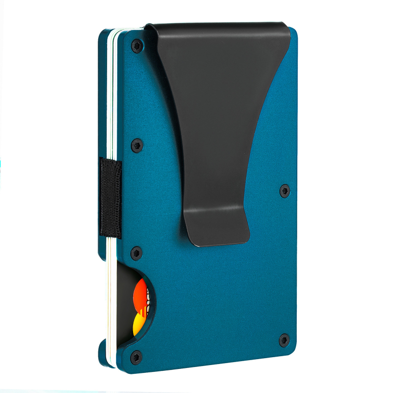 Portofel pentru carduri ultra-subțire din aliaj de aluminiu, cu protecție RFID și clip pentru bani