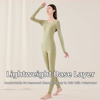 Set termic din bumbac pentru femei: țesătură subțire (121–140 g/m²), 95–100% bumbac, tricou cu mânecă lungă cu guler rotund și pantaloni asortați, strat de bază pentru purtare exterior