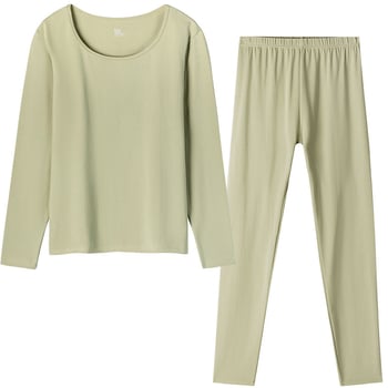 Set termic din bumbac pentru femei: țesătură subțire (121–140 g/m²), 95–100% bumbac, tricou cu mânecă lungă cu guler rotund și pantaloni asortați, strat de bază pentru purtare exterior