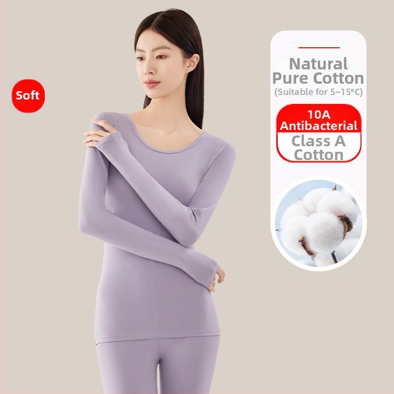 Set termic din bumbac pentru femei: țesătură subțire (121–140 g/m²), 95–100% bumbac, tricou cu mânecă lungă cu guler rotund și pantaloni asortați, strat de bază pentru purtare exterior