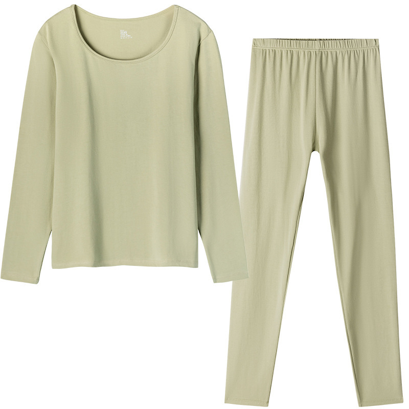 Set termic din bumbac pentru femei: țesătură subțire (121–140 g/m²), 95–100% bumbac, tricou cu mânecă lungă cu guler rotund și pantaloni asortați, strat de bază pentru purtare exterior