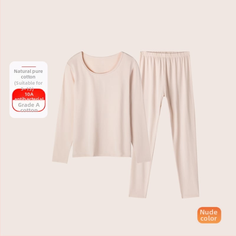 Set termic din bumbac pentru femei: țesătură subțire (121–140 g/m²), 95–100% bumbac, tricou cu mânecă lungă cu guler rotund și pantaloni asortați, strat de bază pentru purtare exterior