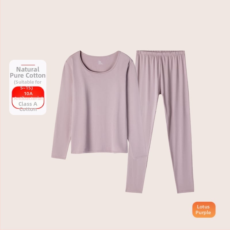 Set termic din bumbac pentru femei: țesătură subțire (121–140 g/m²), 95–100% bumbac, tricou cu mânecă lungă cu guler rotund și pantaloni asortați, strat de bază pentru purtare exterior