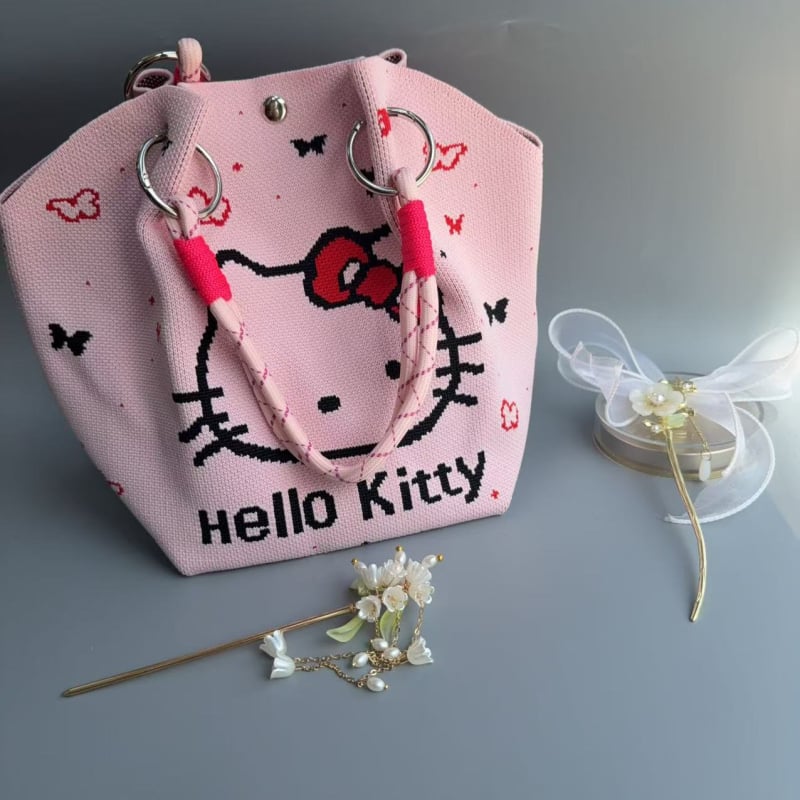 Γυναικεία πλεκτή τσάντα Tote με cartoon μοτίβο, πολυεστέρας, οβάλ σχήμα, κλείσιμο με λουκέτο, εσωτερική θήκη για φορητό υπολογιστή