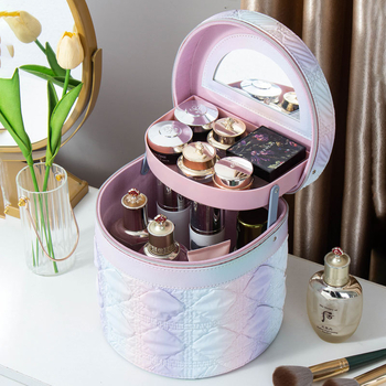 Kozmetička torbica s ogledalom, PVC materijal, zatvarač, karirani uzorak, prijenosna s univerzalnim kotačićima