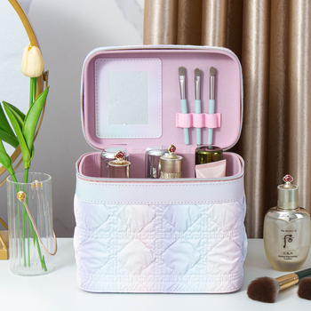 Kozmetička torbica s ogledalom, PVC materijal, zatvarač, karirani uzorak, prijenosna s univerzalnim kotačićima
