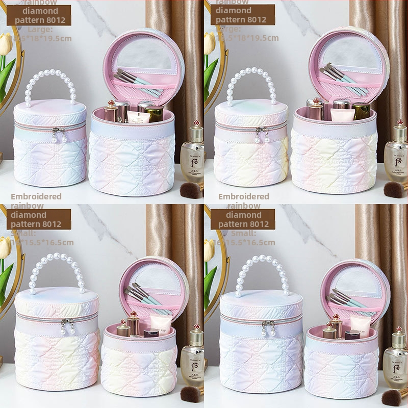 Kozmetická taštička s zrkadlom, PVC materiál, zapínanie na zips, karirovaný vzor, prenosná s kolieskami