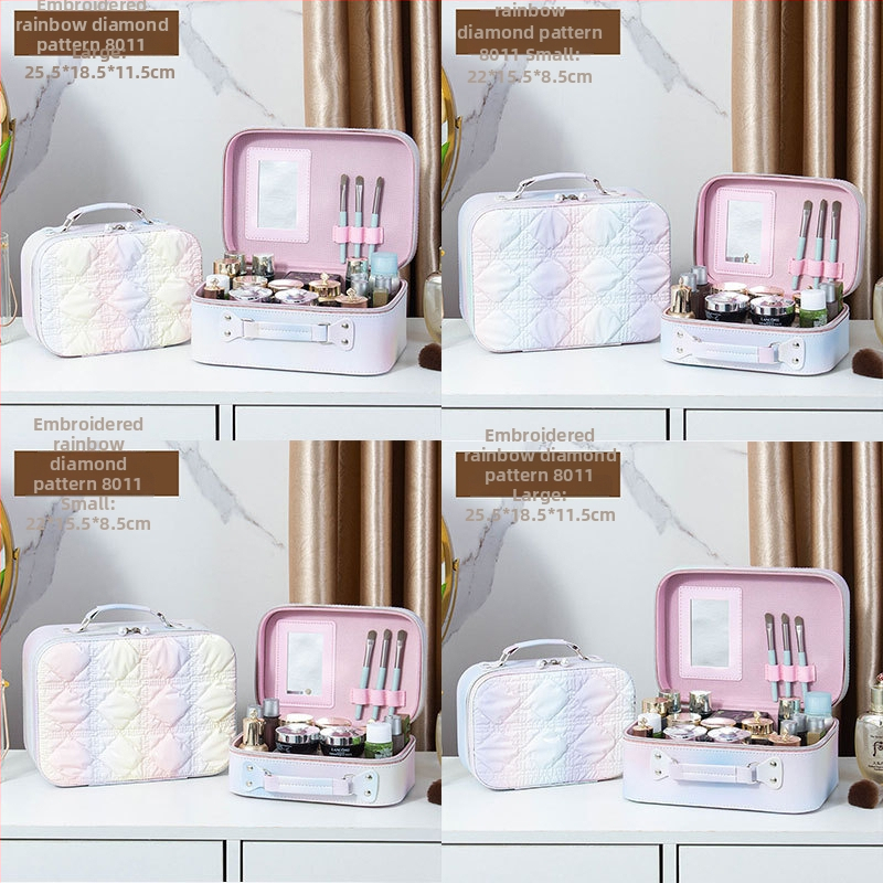 Kozmetická taštička s zrkadlom, PVC materiál, zapínanie na zips, karirovaný vzor, prenosná s kolieskami