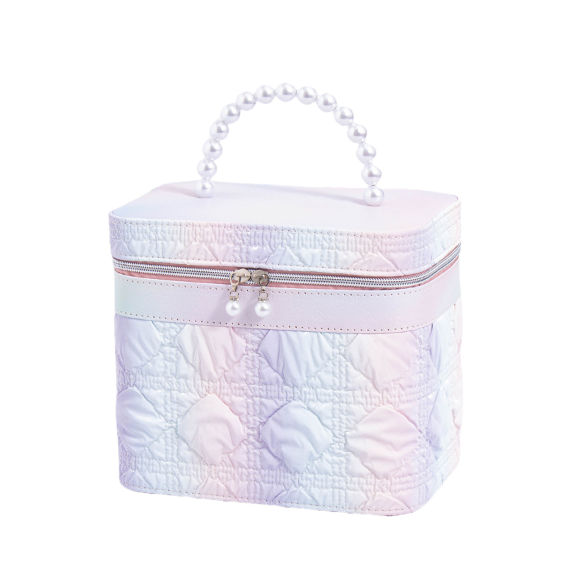 Kozmetička torbica s ogledalom, PVC materijal, zatvarač, karirani uzorak, prijenosna s univerzalnim kotačićima