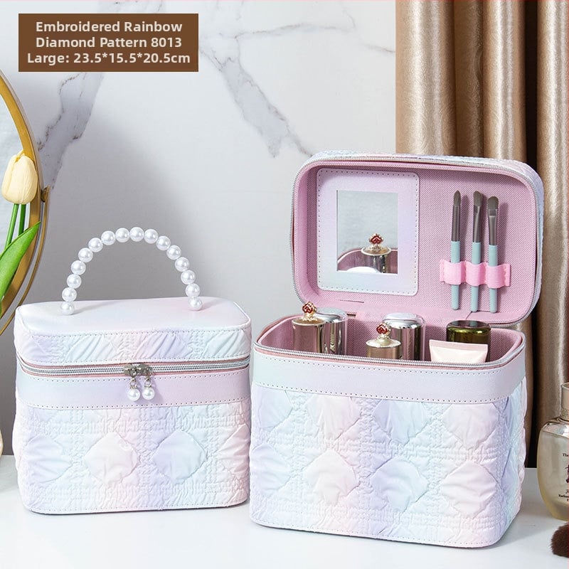 Kozmetička torbica s ogledalom, PVC materijal, zatvarač, karirani uzorak, prijenosna s univerzalnim kotačićima