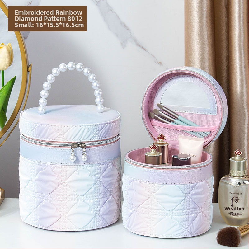 Kozmetička torbica s ogledalom, PVC materijal, zatvarač, karirani uzorak, prijenosna s univerzalnim kotačićima