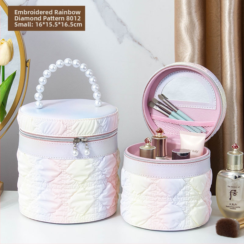 Kozmetička torbica s ogledalom, PVC materijal, zatvarač, karirani uzorak, prijenosna s univerzalnim kotačićima