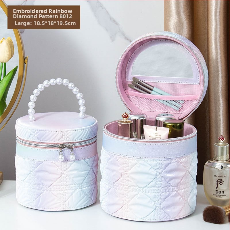 Kozmetička torbica s ogledalom, PVC materijal, zatvarač, karirani uzorak, prijenosna s univerzalnim kotačićima