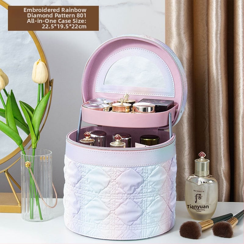 Kozmetička torbica s ogledalom, PVC materijal, zatvarač, karirani uzorak, prijenosna s univerzalnim kotačićima