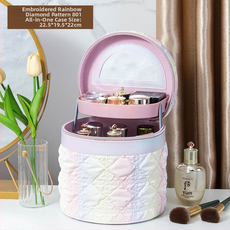 Kozmetička torbica s ogledalom, PVC materijal, zatvarač, karirani uzorak, prijenosna s univerzalnim kotačićima