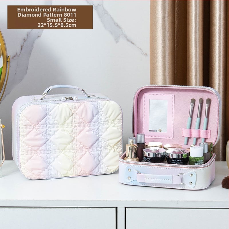 Kozmetička torbica s ogledalom, PVC materijal, zatvarač, karirani uzorak, prijenosna s univerzalnim kotačićima