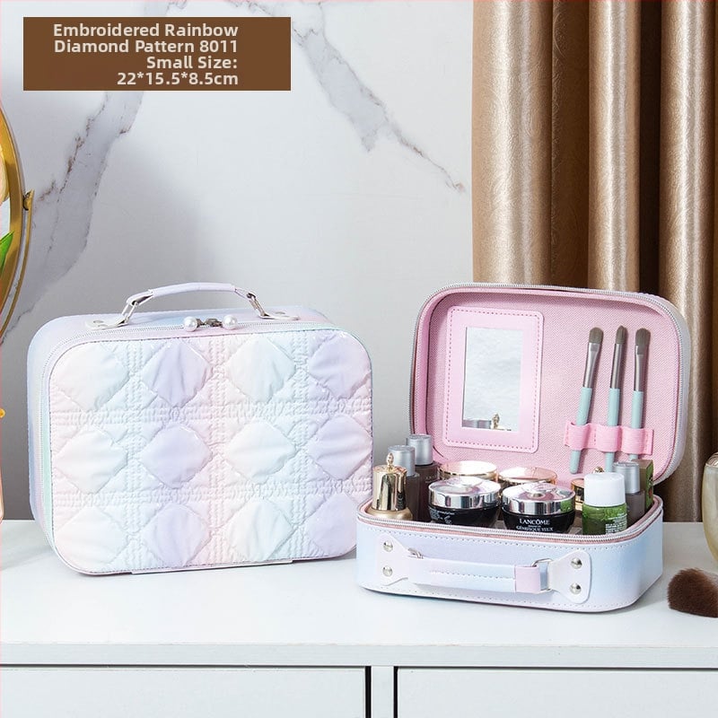 Kozmetička torbica s ogledalom, PVC materijal, zatvarač, karirani uzorak, prijenosna s univerzalnim kotačićima