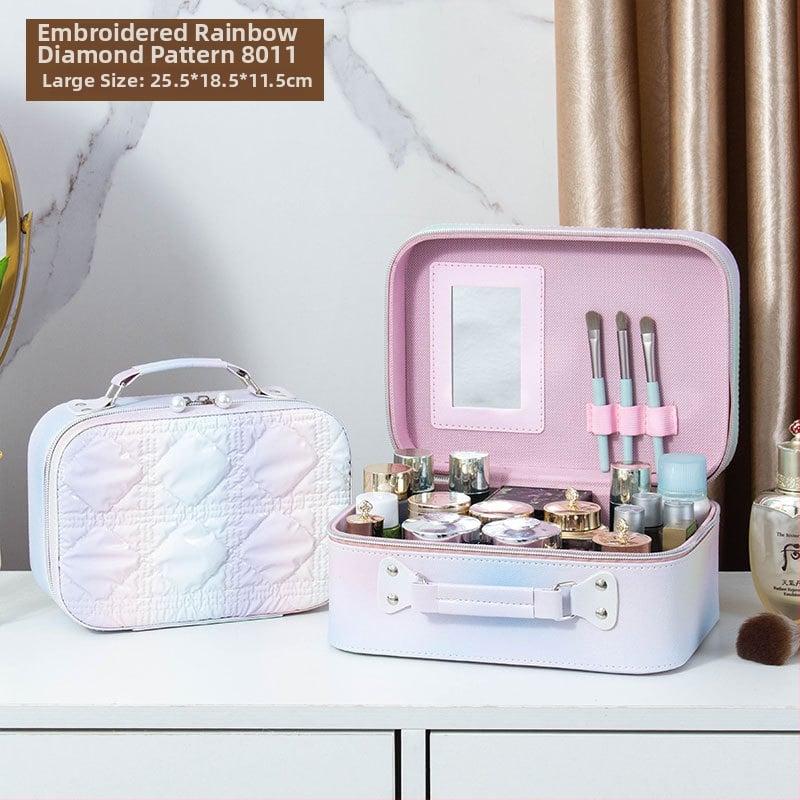 Kozmetička torbica s ogledalom, PVC materijal, zatvarač, karirani uzorak, prijenosna s univerzalnim kotačićima