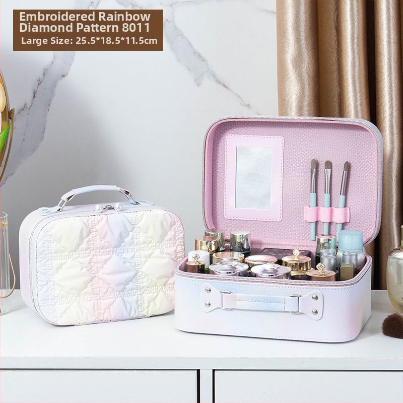 Kozmetička torbica s ogledalom, PVC materijal, zatvarač, karirani uzorak, prijenosna s univerzalnim kotačićima