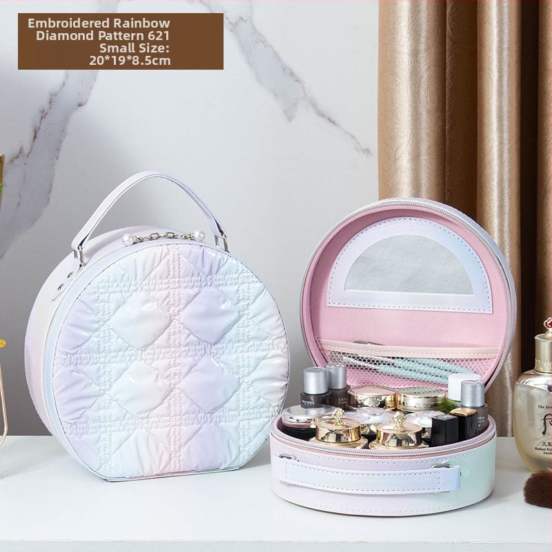 Kozmetička torbica s ogledalom, PVC materijal, zatvarač, karirani uzorak, prijenosna s univerzalnim kotačićima