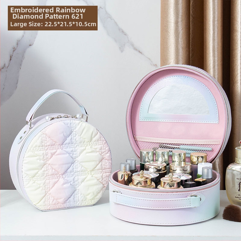 Kozmetička torbica s ogledalom, PVC materijal, zatvarač, karirani uzorak, prijenosna s univerzalnim kotačićima