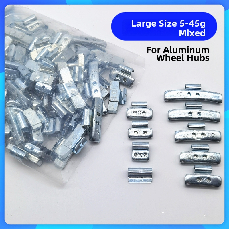 Sada vyvažovacích blokov na pneumatiky s miešanými veľkosťami otvorov, hliníková zliatina a oceľové háčiky na ráfik