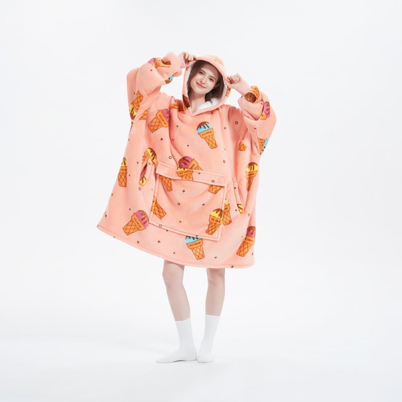 Plus-size pătură cu flanelă, cu glugă, cu buzunar mare — material poliester, greutate 300–500 g, pentru iarnă, calitate premium, stil modern minimalist