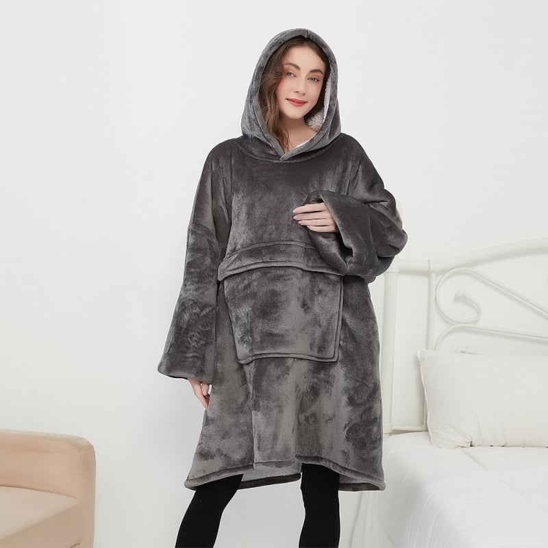 Plus-size pătură cu flanelă, cu glugă, cu buzunar mare — material poliester, greutate 300–500 g, pentru iarnă, calitate premium, stil modern minimalist