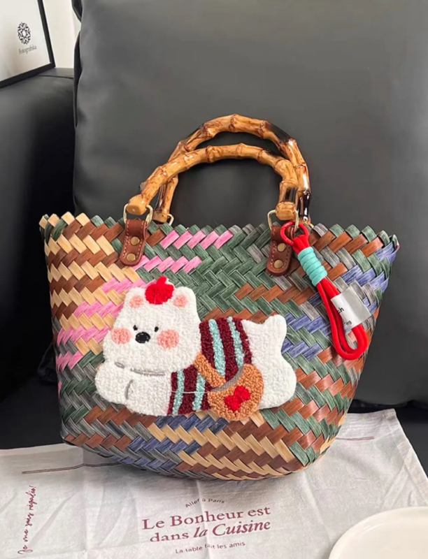 Πλεκτή PVC τσάντα χεριού, οβάλ παραλιακή τσάντα με ανοιχτή τσέπη, φρέσκο και γλυκό στυλ, PP επένδυση, καλοκαίρι 2024