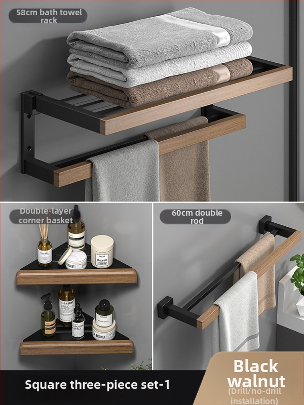 Fából készült falra szerelhető törölközőtartó, fúrás nélküli, hat darabos készlet