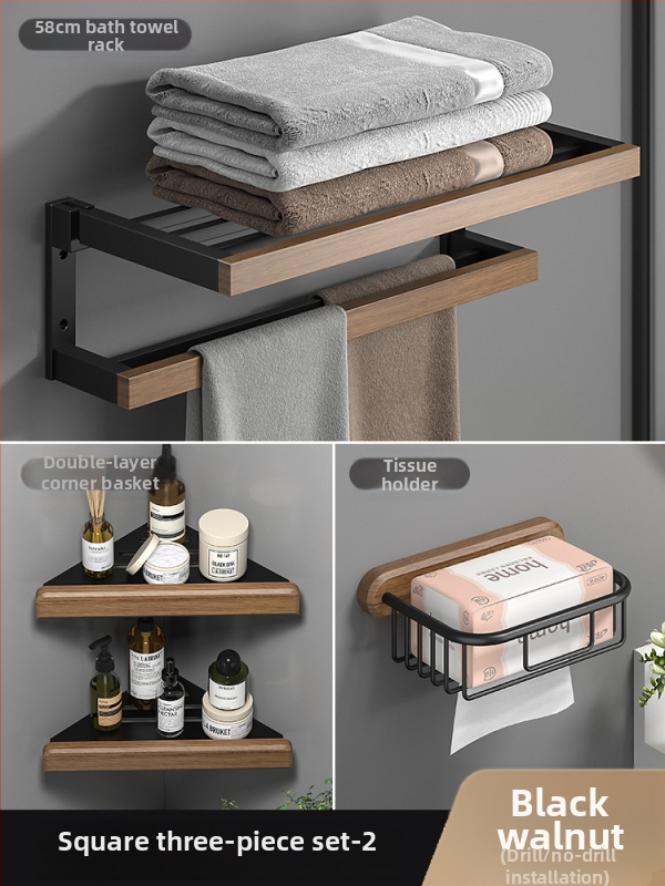 Fából készült falra szerelhető törölközőtartó, fúrás nélküli, hat darabos készlet