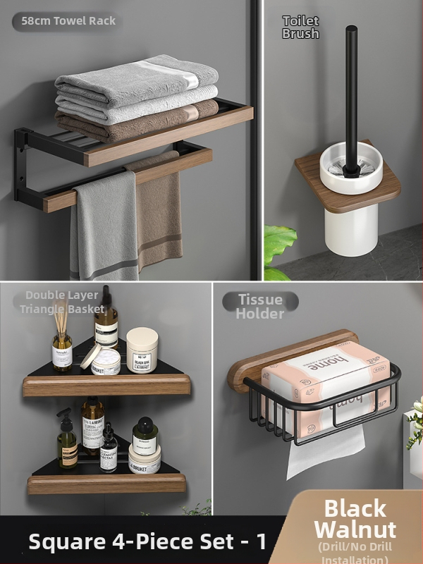 Fából készült falra szerelhető törölközőtartó, fúrás nélküli, hat darabos készlet