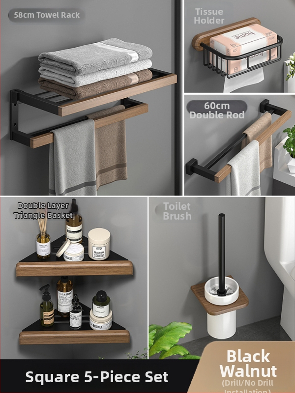 Fából készült falra szerelhető törölközőtartó, fúrás nélküli, hat darabos készlet