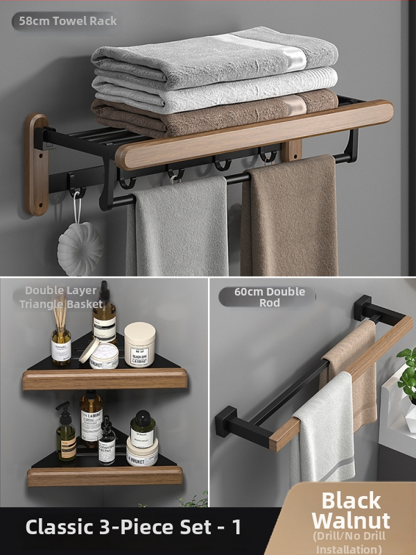 Fából készült falra szerelhető törölközőtartó, fúrás nélküli, hat darabos készlet