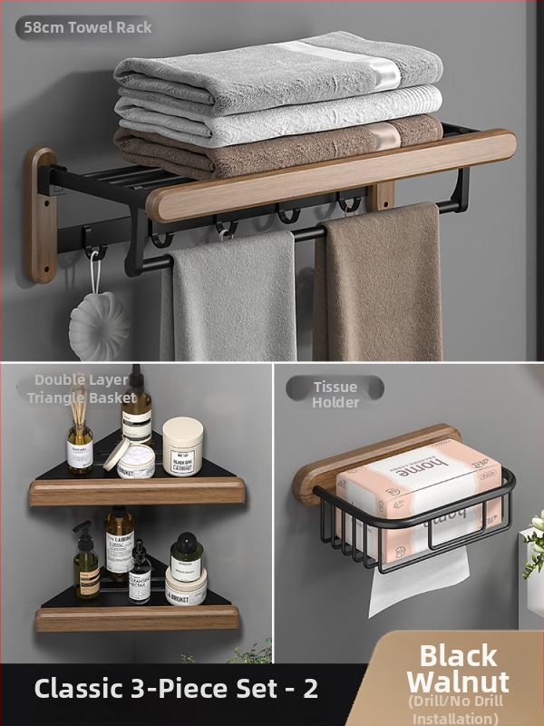 Fából készült falra szerelhető törölközőtartó, fúrás nélküli, hat darabos készlet