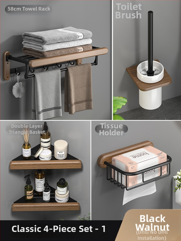 Fából készült falra szerelhető törölközőtartó, fúrás nélküli, hat darabos készlet