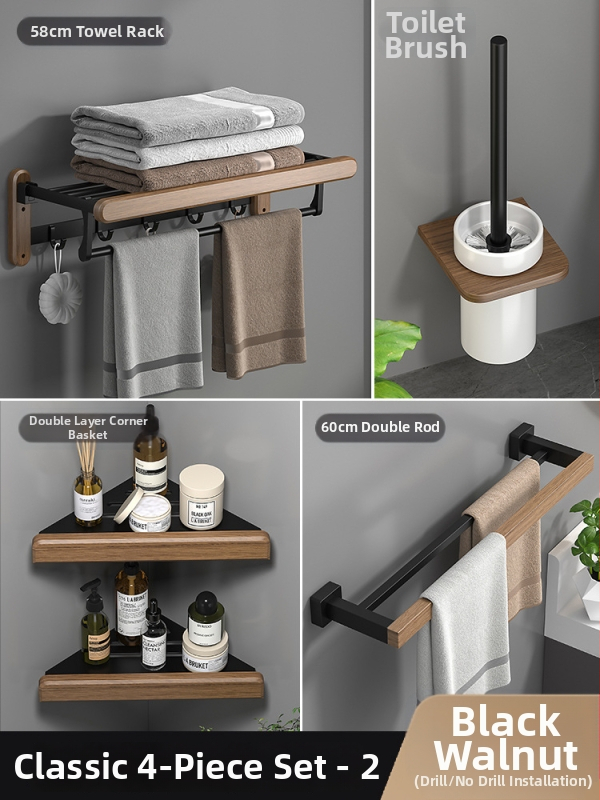 Fából készült falra szerelhető törölközőtartó, fúrás nélküli, hat darabos készlet