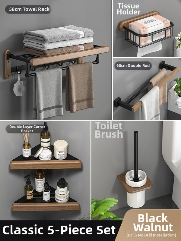 Fából készült falra szerelhető törölközőtartó, fúrás nélküli, hat darabos készlet