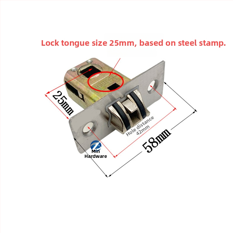 Zámok s jazýčkom do drevených dverí, kúpeľňa, toaleta a spálňa, vnútorné použitie. Materiál jazýčka: zliatina zinku, nerezová oceľ, železo; materiál tela zámku: zliatina zinku, nerezová oceľ, železo; materiál kľučky: zliatina zinku, nerezová oceľ, železo.