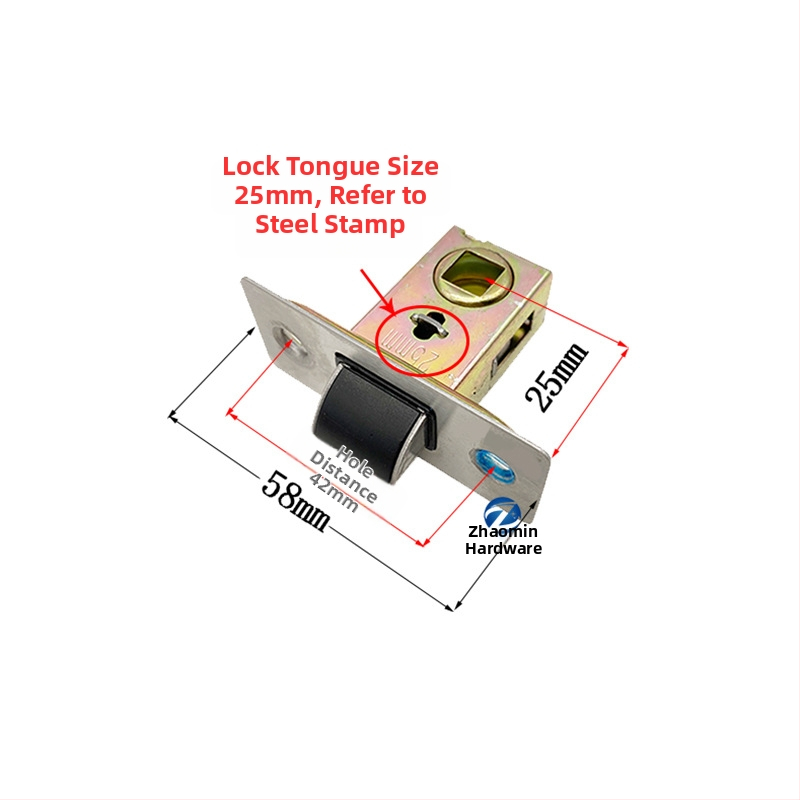 Zámok s jazýčkom do drevených dverí, kúpeľňa, toaleta a spálňa, vnútorné použitie. Materiál jazýčka: zliatina zinku, nerezová oceľ, železo; materiál tela zámku: zliatina zinku, nerezová oceľ, železo; materiál kľučky: zliatina zinku, nerezová oceľ, železo.