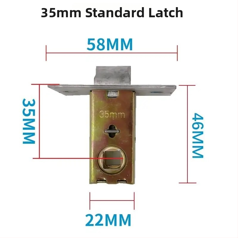 Zámok s jazýčkom do drevených dverí, kúpeľňa, toaleta a spálňa, vnútorné použitie. Materiál jazýčka: zliatina zinku, nerezová oceľ, železo; materiál tela zámku: zliatina zinku, nerezová oceľ, železo; materiál kľučky: zliatina zinku, nerezová oceľ, železo.
