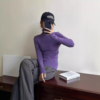 Пуловер с висока яка, плетен, Slim fit, дълги ръкави, средна дебелина за градски стил