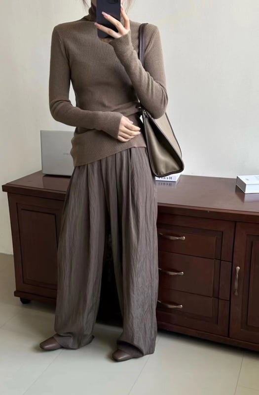 Пуловер с висока яка, плетен, Slim fit, дълги ръкави, средна дебелина за градски стил